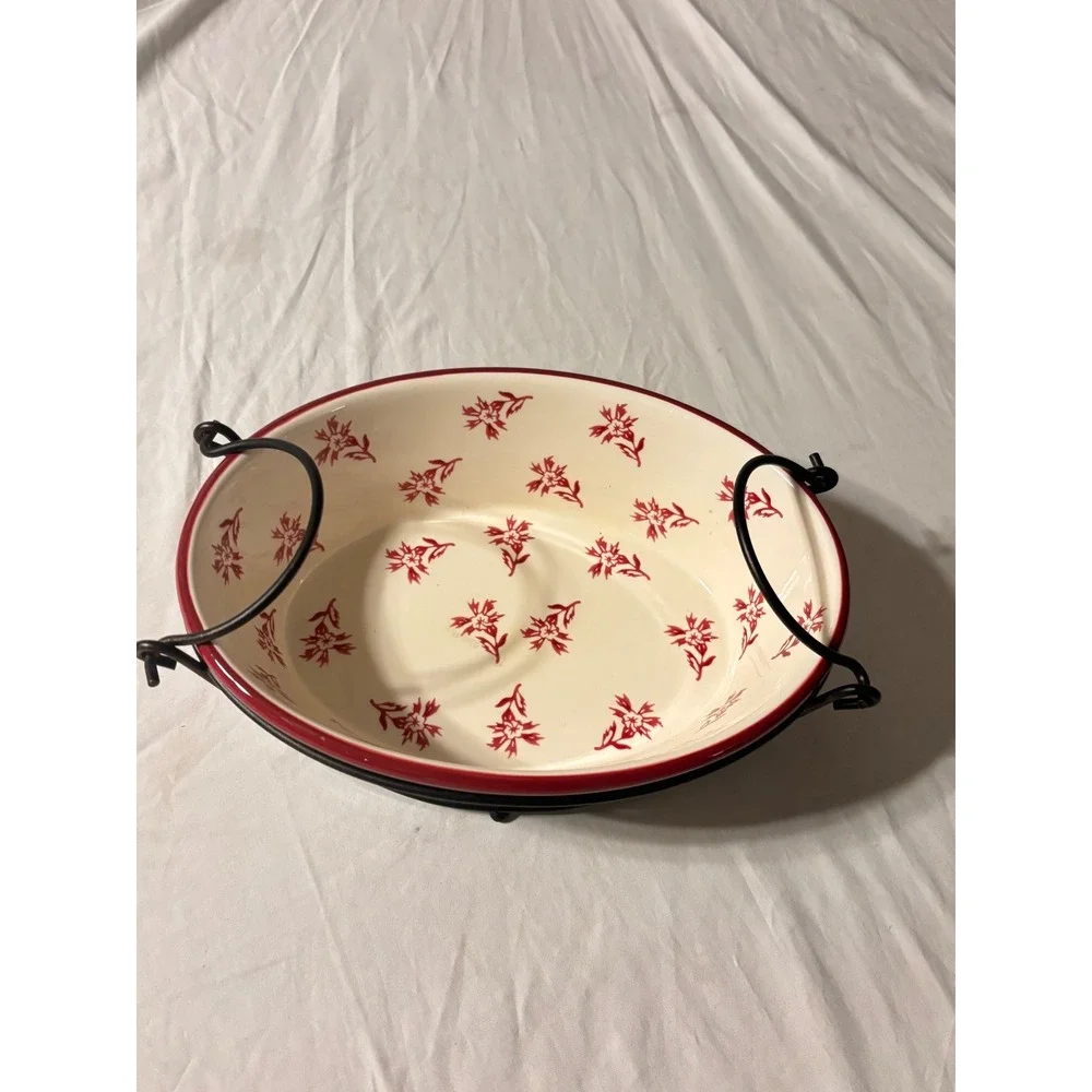Temp-tations Floral Lace Oval Baker Set Red Cream Ceramic 2pc with Wire Racks EX